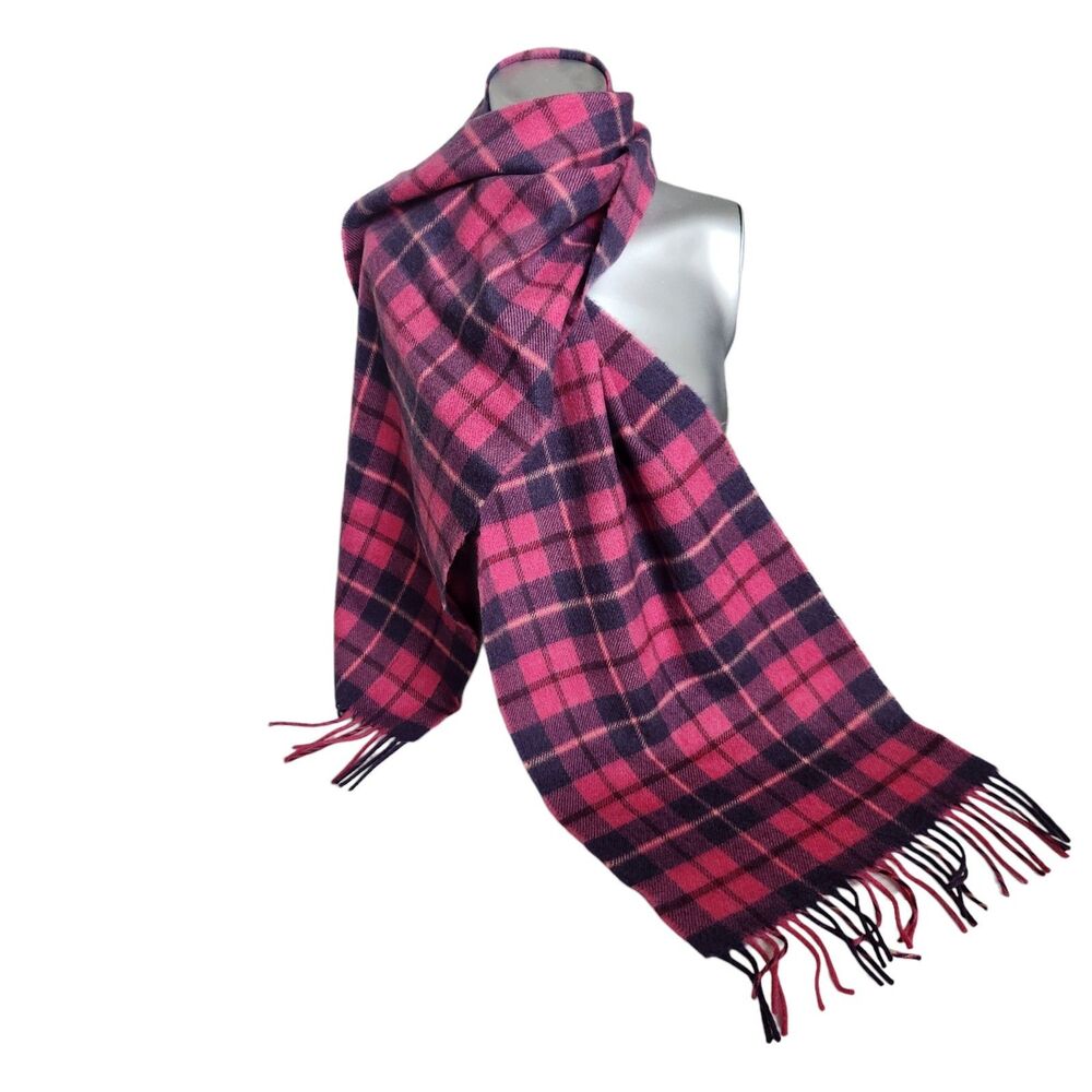 John Hanly 100% Extra Fine Merino Wool Pink Purple Plaid Scarf Ireland Academia